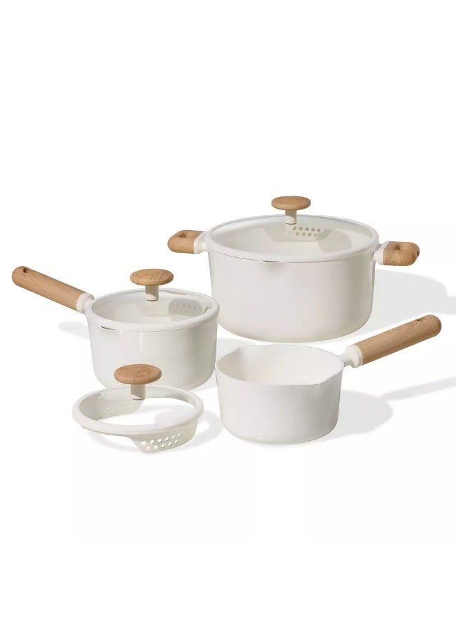 كاروت طقم أواني كاروت 21 قطعة سيراميك غير لاصق لطهي صحي خالٍ من PFAS، بأغطية سيليكون بمصفاة مزدوجة وقاعدة توزيع حرارة متساوٍ، متوافق مع جميع المواقد وآمن لغسالة الصحون (كريمي) - Image 3